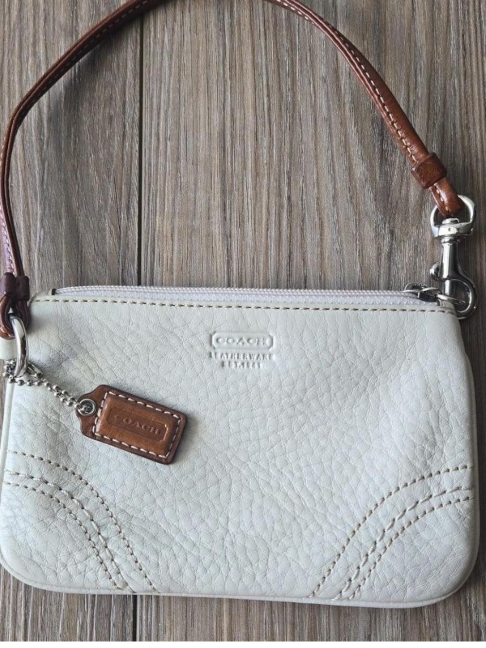 Coach White Pebbled Leather Wristlet with Brown Strap